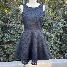 Y2K Vintage Black Floral Lace Fit Flare Sleeveless Mini Dress Medium USA Made