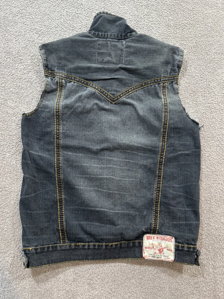 Chaleco de mezclilla True Religion XL para hombre Jimmy Big QT lavado oscuro gira mundial Foto 2 de 4
