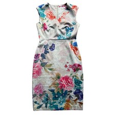 Calvin Klein Sheath Dress Size 4 Gray Heather Floral V-Neck Sleeveless Back Zip