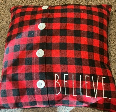 Rae Dunn, Believe, Decorative Red & Black Plaid Button Pillow, 18x18, Preowned