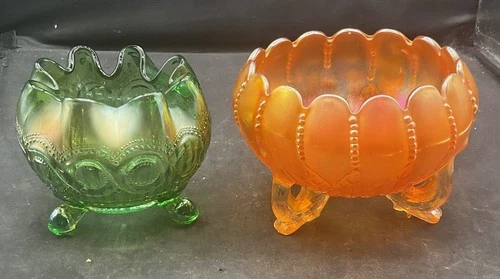 PAIR OF VINTAGE CARNIVAL NORTHWOOD ROSE BOWLS MAR. LEAF & BEADS GR BEADED CABLE