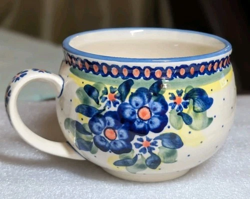 Handpainted 20 Oz Polish Pottery Bubble Mug Blue Clementis UNIKAT Bolesweic 