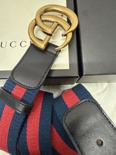 Gucci GG Buckle Marmont Blue Red WEB Black Leather Belt 105 cm Fits 36-38 Waist
