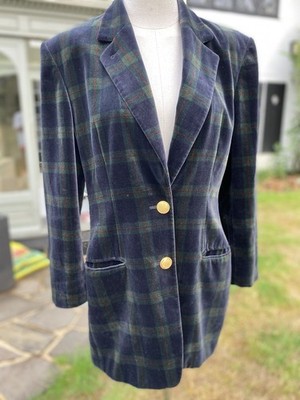 Vintage Laurel Classics Escada Plush Velvet Navy Green Tartan Long Jacket 40 M