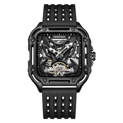 Fairwhale Men Automatic Watch Square Hollow Mechanical Wristwatch Skeleton