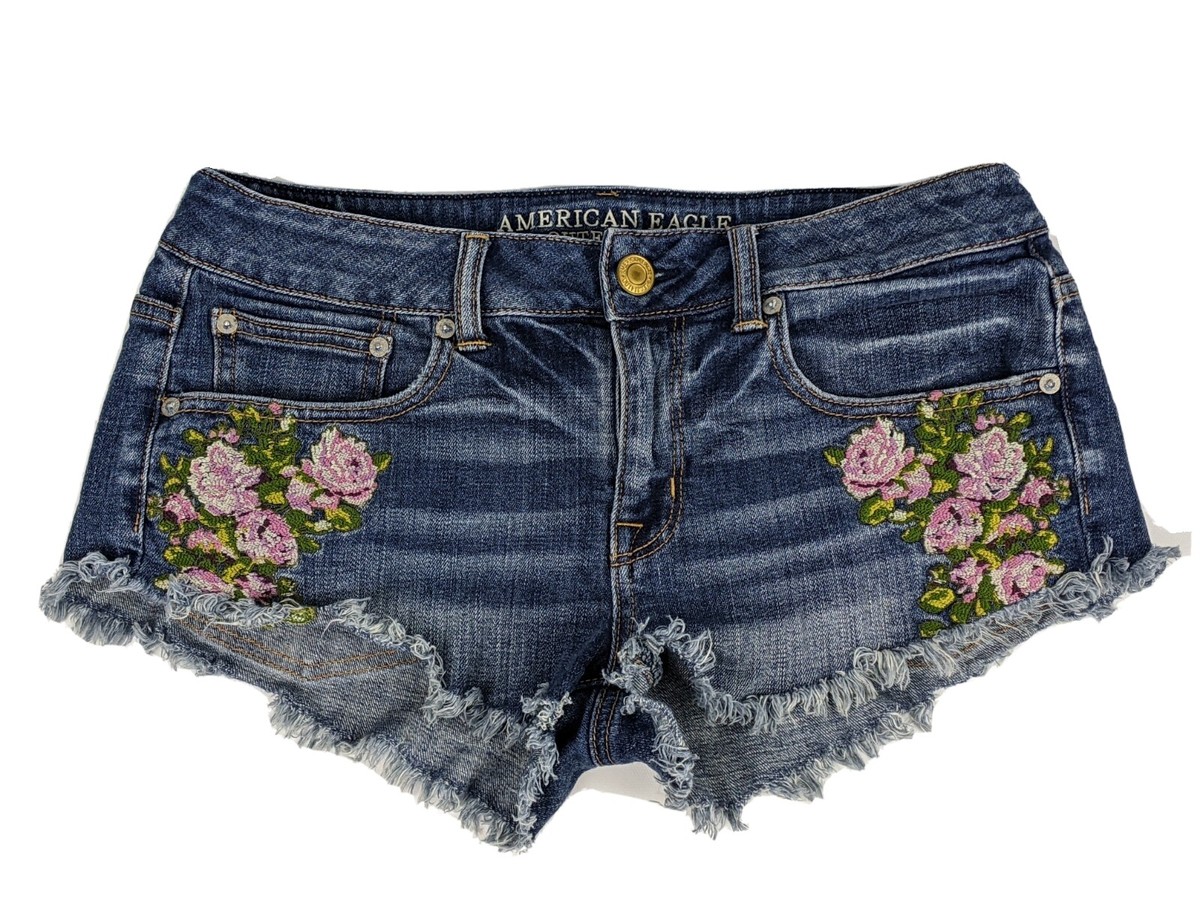 American Eagle Rose Floral Embroidered Cut Off Stretch Denim Shorts Size