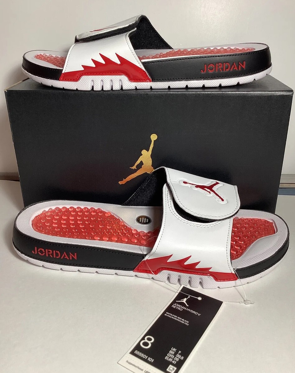 Jordan Hydro V Retro Slides Mens, Size 8 - Black/Fire Red/White