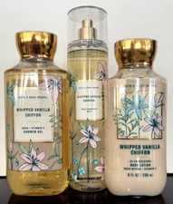 Bath & Body Works Lot of 3 WHIPPED VANILLA CHIFFON Body Lotion~Mist~Shower Gel