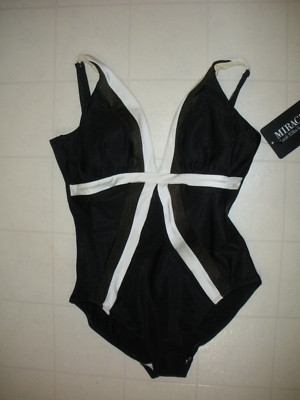 MIRACLESUIT Black Specrtra Trilogy 1 PC V Neck Style Swimsuit Sz 14 NWT