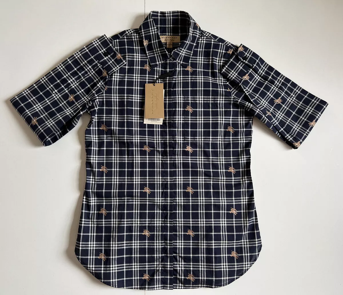 NWT 350 Burberry Women s Navy Checks Button Up Shirt 4 US 6 UK