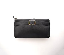 1960s Vintage Black Pebbled Leather Clutch Bag Mod Buckle secret pocket Purse