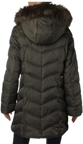 Kenneth Cole New York Chevron Quilted Puffer Faux Fur Trimmed Hood womens jacket - Picture 2 of 2
