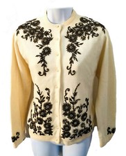 VTG Ivory Lambswool Copper heavily beaded sequin cardigan sweater Hong Kong 42