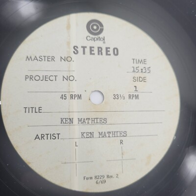 Ken Mathies Capitol Stereo Master? Lacquer 12'' ACETATE 2xHole Record Single Side