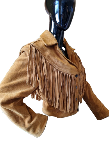 Vintage Retro Leather Suede Fringed Jacket Sz Small American Biker Tan Brown FAB - 第 1/13 張圖片