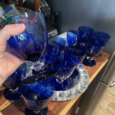 set of 11 cobalt blue water goblets, 12 oz, vintage