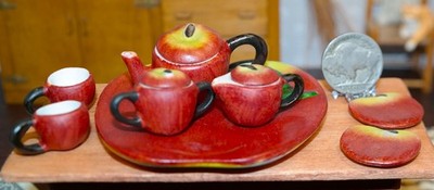 Doll Size Miniature Porcelain Teapot Tea Set & Tray_FUN RIPE APPLE Shape_NOS NEW