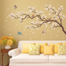 SG2-2509 White Cherry Blossom Wall Decals Elegant Flower Bird Peel and Stick ...