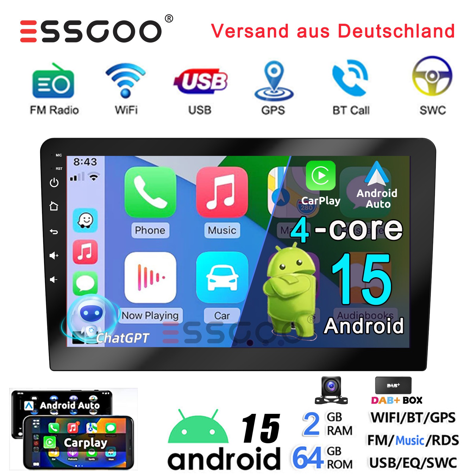 9" DAB+ ChatGPT Android 15 2+64G Carplay autoradio navigatore WiFi BT RDS 2 DIN fotocamera