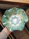 Nice Old Imperial Carnival Glass Helios Green Shell & Sand Pattern Bowl