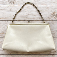 Vintage Ivory White Evening Purse Clutch Chain Handle Kiss Lock USA Bridal Bag