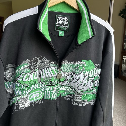 Y2K Ecko Unltd Black Green Track Jacket Zip Up Coat Graffiti Hip Hop Rap Size XL - Picture 18 of 20