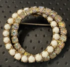 Vintage Milk Glass AB Aurora Borealis Rhinestone Brooch Infinity Double Circle