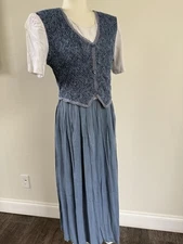 Vintage Allison-Che Women’s Knit Blue White Shoulder Pads SS Long Dress Sz 10