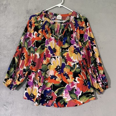 Cupio Colorful Peasant Blouse Smocked Boho Tunic Womens Sz Medium