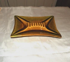 MCM sculptural ceramic ashtray mustard chartreuse glazed 8.25 x 5.5 1950s