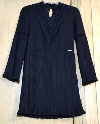 Marciano Guess Cloudia Dress Sz 12 Black Mini Pleated Lace Long Sleeve 