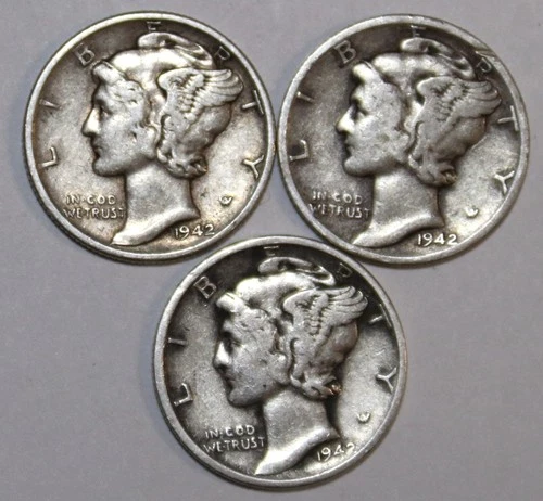 (3) Mercury Dimes - Very Fine - 1942D 1942P 1942S - #2111ED