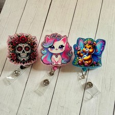 Butterfly Bear, Skull, Cat Badge Reels, Swivel Alligator Clip, Acrylic ID Holder
