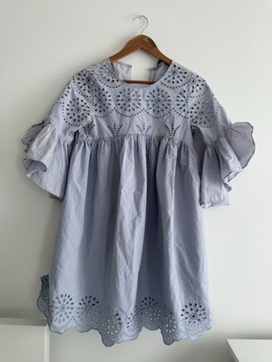   Zara Basic Blue Gray Cotton Eyelet Boho Dress New No Tags Size XS Summer Lace