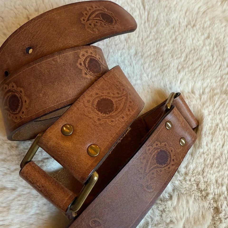 Cinturón Vintage Y2K Lucky Brand Cuero Tooled Repujado Marrón Patrón Paisley Talla L Foto 4 de 4