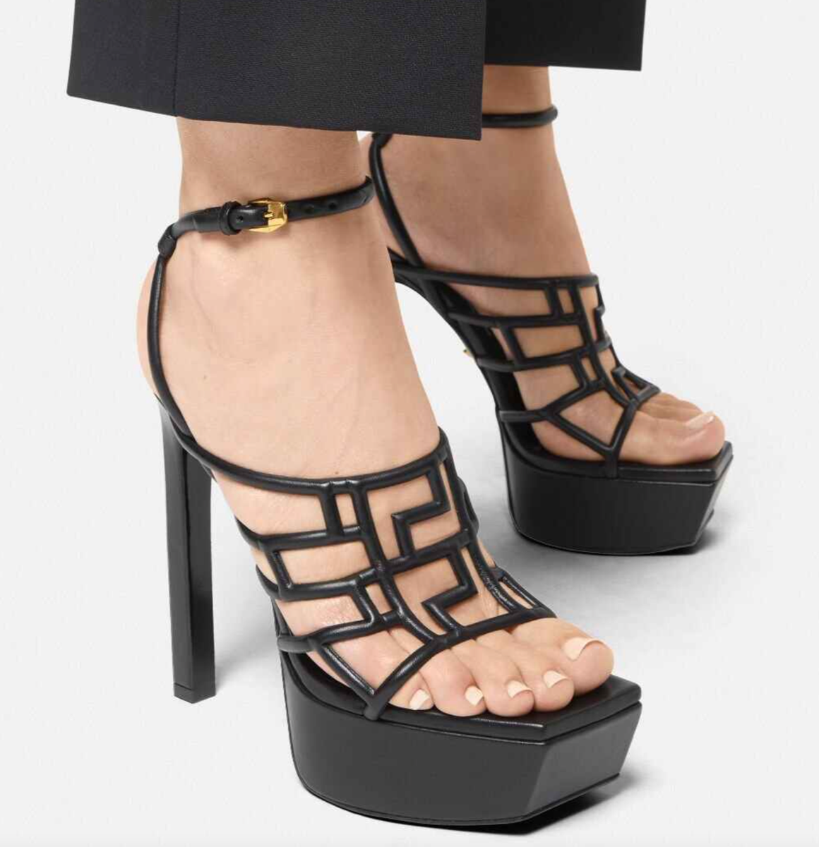 NIB Versace Greca Maze Greek Key Black Strappy Platform Sandals