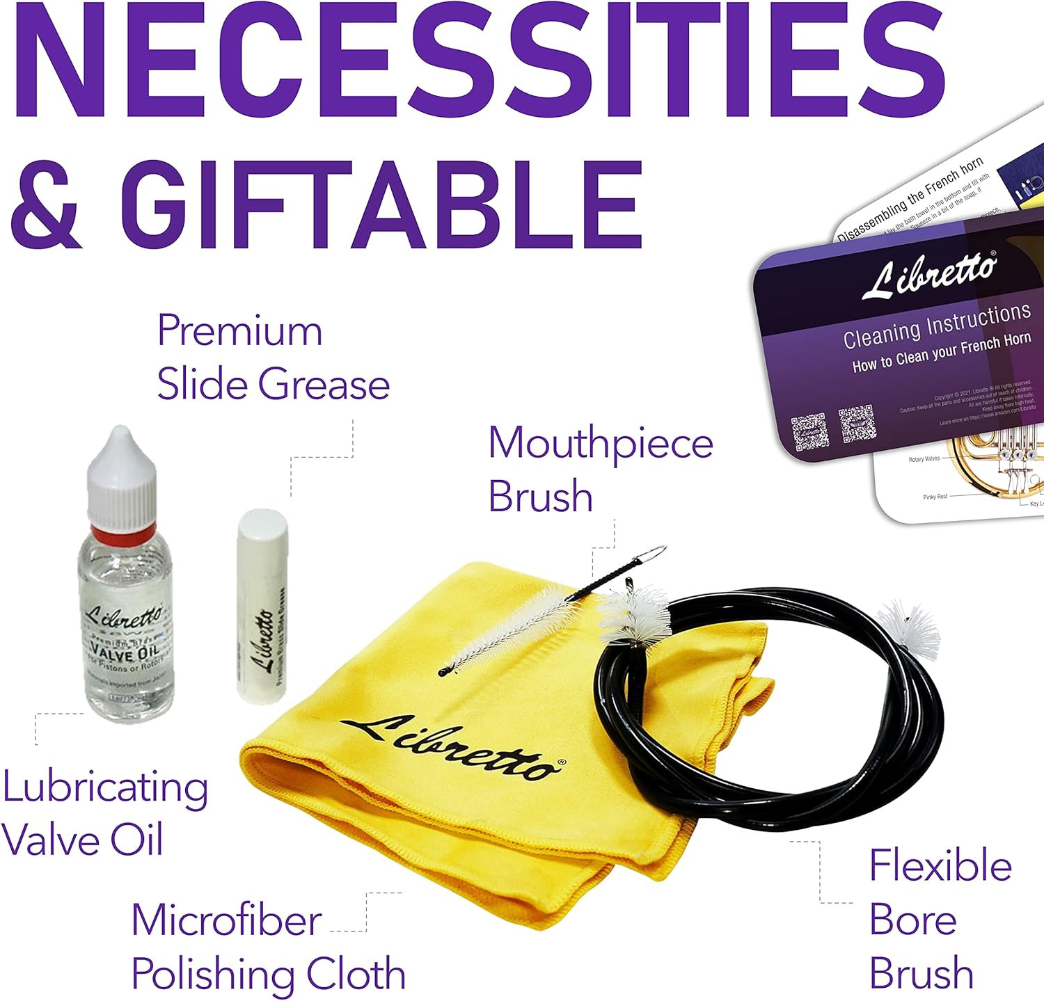 French Horn ALL-INCLUSIVE Cleaning & Care Kit with Instructions: Valve Oil + Sli