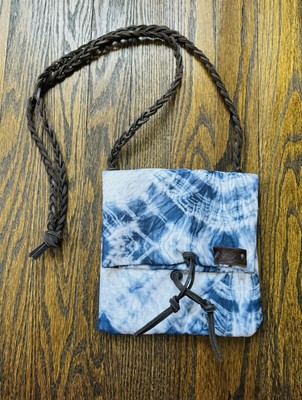 Handmade Crossbody Bag Cotton Shibori Print White & Blue Braided Leather Straps