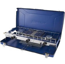 Chef Folding Double Burner Stove and Grill, compact gas cooker for camping,Blue