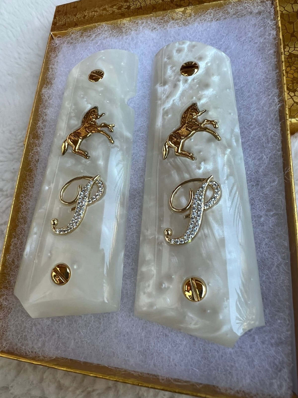 Colt 1911 Gold Horse Plated Pearl & Aztec Engraved Grips For .38 Super & .45 - USA Made