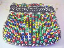 Vintage Multicolored Beaded Womens Draw-String Handbag, Made in Hong Kong