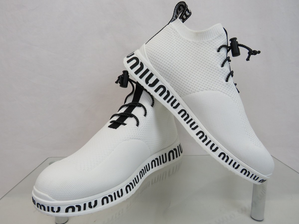 NIB MIU MIU PRADA 5E088D WHITE KNIT MESH BLACK LOGO BUNGEE