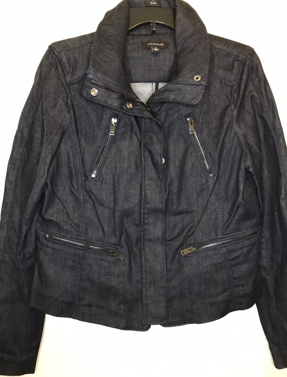 ジャケット・アウター ann Ann Taylor Size 12 Blue Denim Zipper/Button Collard Zip Pockets