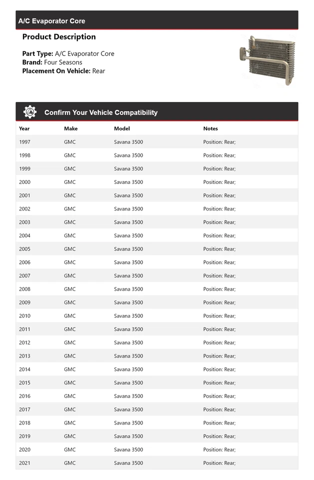 Núcleo evaporador trasero para GMC Savana 3500 1997-2021 4 estaciones 1998 1999 2000 Foto 2 de 4