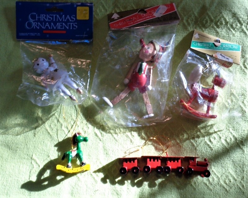 5 Vintage Christmas Ornaments New Never used Rocking Horses, Doll, and Train 70s