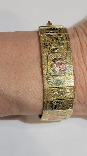 Tri Gold Yellow Rose Etched Flower Wide Tile Omega 6.5" Bracelet Flexible Bangle