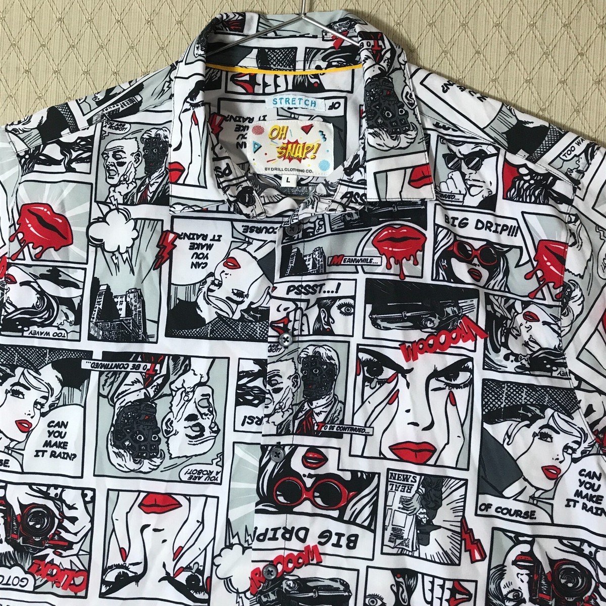 OH SNAP Drill Clothing Button-Up Stretch Shirt Mens Sz L Comic