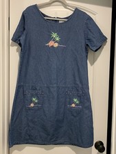 Compliments Denim Dress Women’s Large Shell Palm Appliqué Zip Pockets Vintage