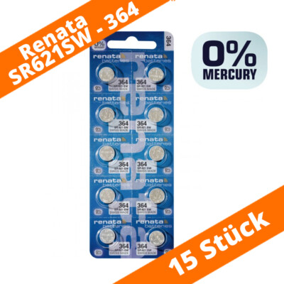 15 x Renata 364 Uhren-Batterie Knopfzelle SR621SW AG1 V364 SR60 Silberoxid 