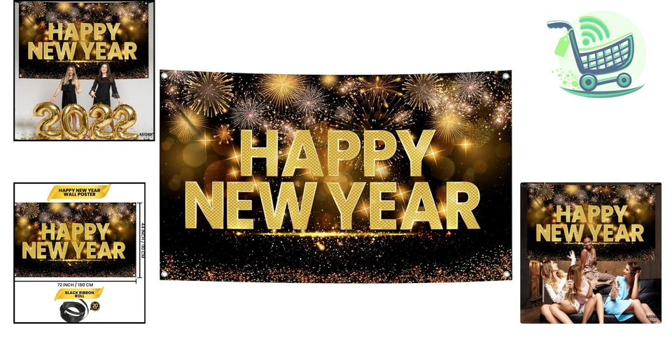 Xtra Large 72x44 Inch Happy New Year Banner - Elegant 2025 Party Backdrop - Image 2 of 4